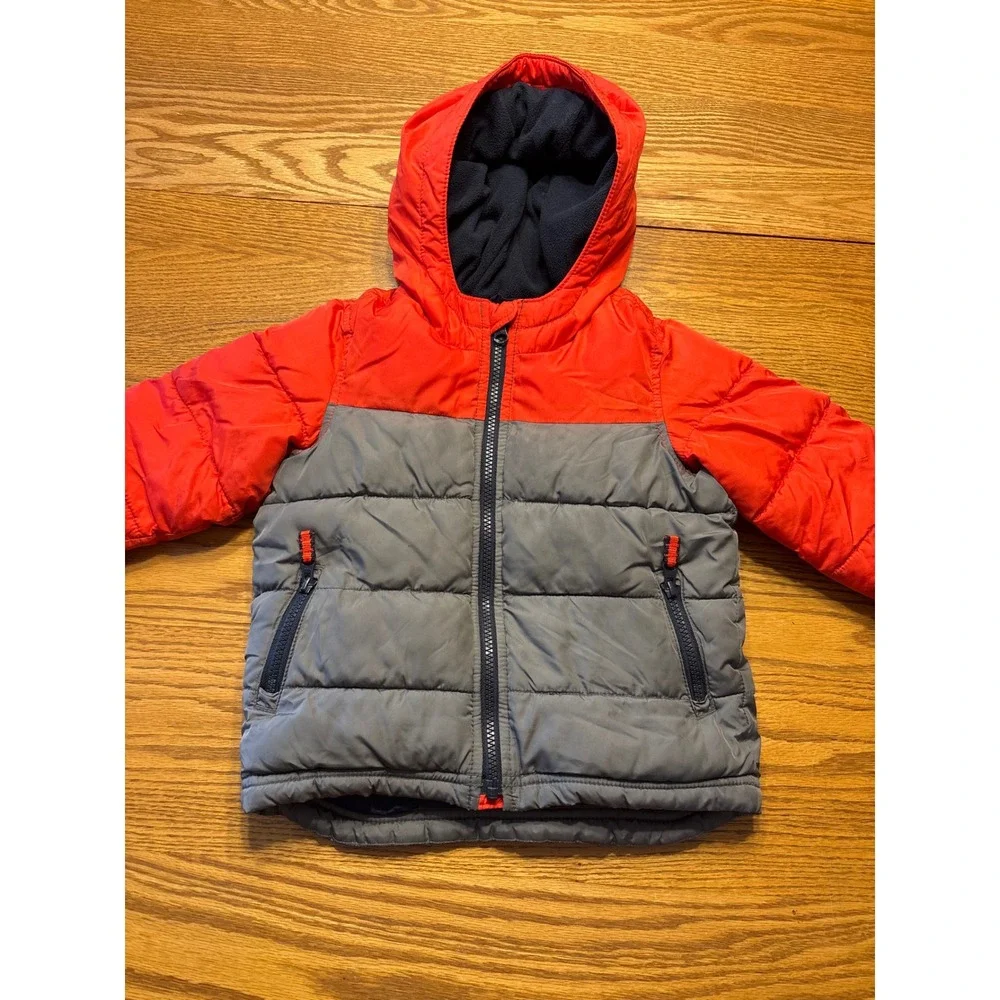 Old Navy Frost Free Puffer Jacket 3T Orange Gray Colorblock Hooded Winter Coat